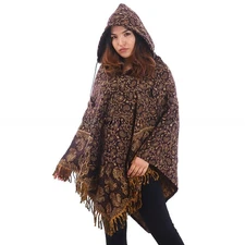 Yak Wool Hooded Poncho, Soft & Warm Fleece in Hood, Paisley Design, Unisex