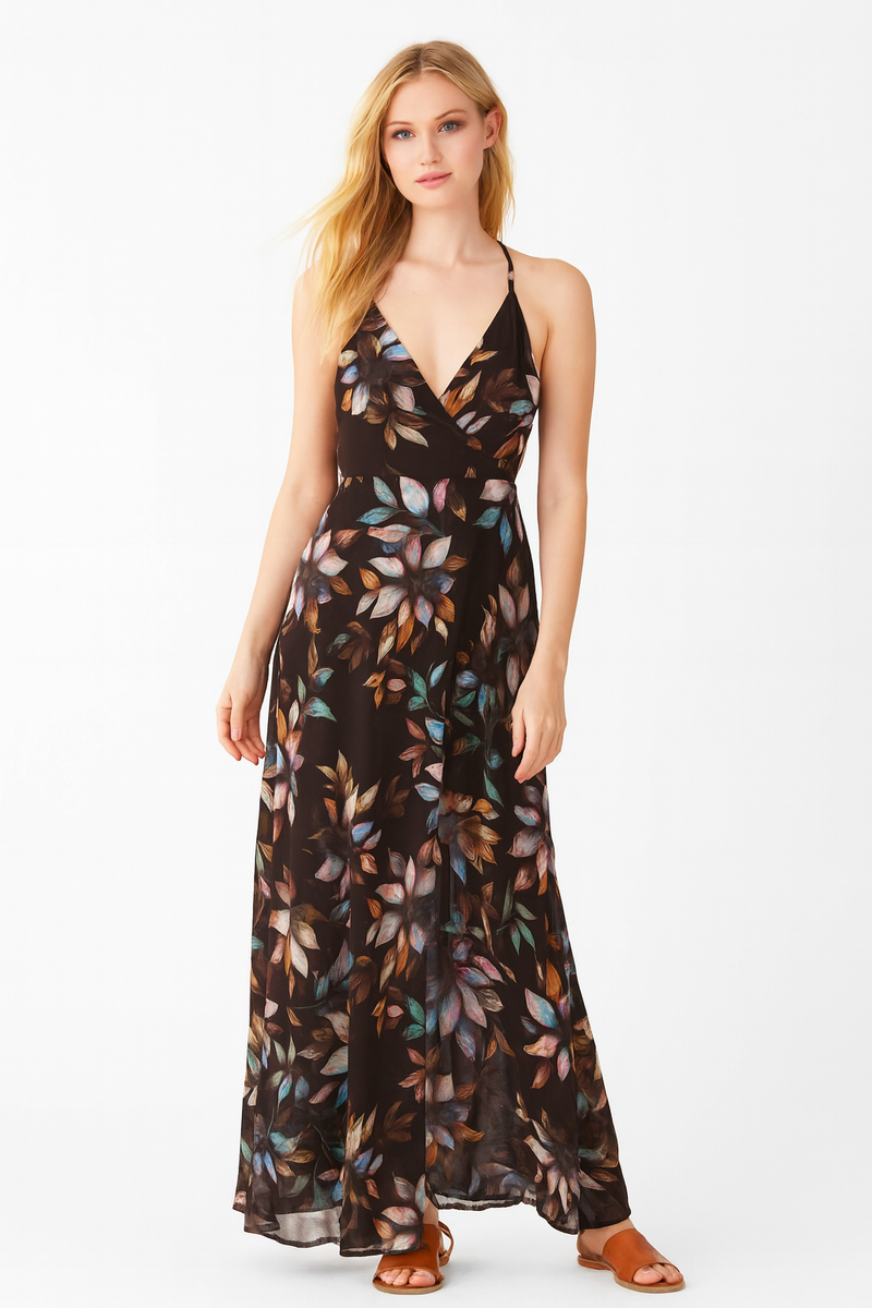 ASTR The Label Surplice Floral Faux Wrap Tie Back Sheer Maxi Dress