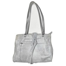 Carla Mancini Gray Silver Vintage Metallic Leather Tote Bag Tassels Made in USA
