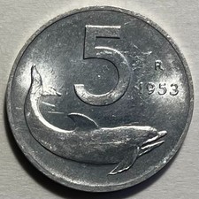 Italy 5 Lire 1953 - Dolphin & Ship Rudder