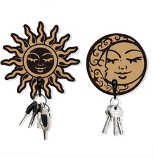 2 Sets Sun and Moon Face Key Holder Wall Mounted, Wooden Moon Face Wall Hooks Ke