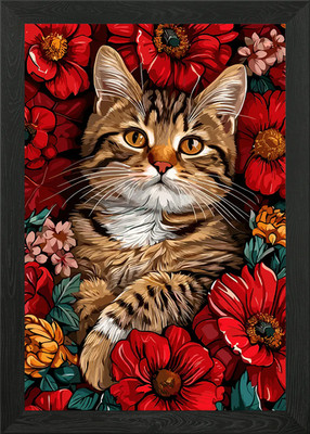 Katzenportrait umgeben von roter Strömung gerahmtes Wandbild Poster Leinwanddruck Bild