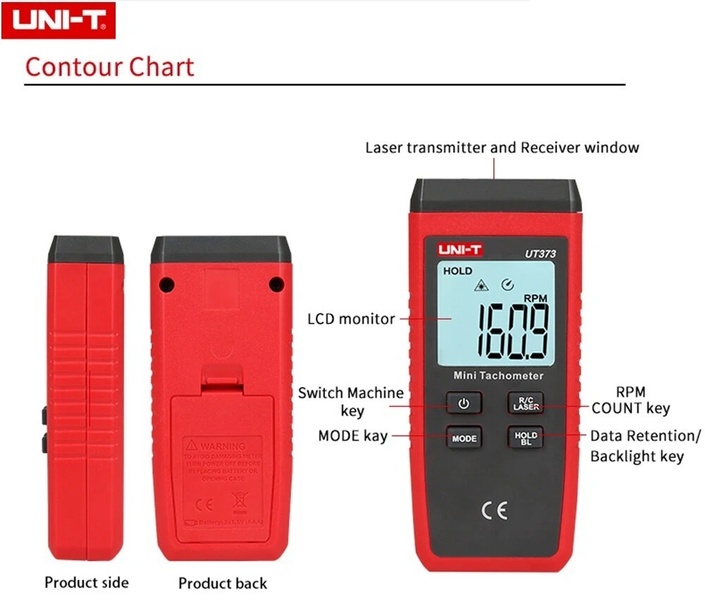 UNIDAD UT373 Tacómetro Láser Digital Rango Automático Medidor RPM Sin Contacto LCD Retroiluminado