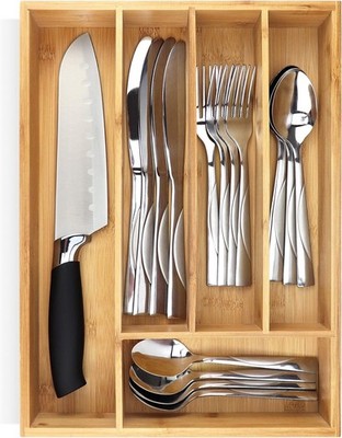 Silverware Organizer - Small Extra-Deep Wooden Kitchen Drawer Organizer Divid...
