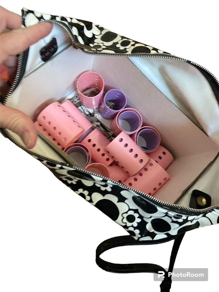 Rodillos rizadores de vinilo vintage años 60 1968 estuche margaritas blanco y negro como está Foto 3 de 4