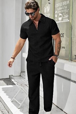 Hanxmen Men's Small Black Polo Shirt & Pants Lounge Set - Great