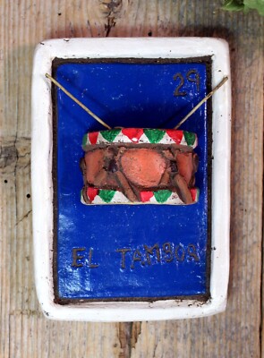 Clay Loteria #29 El Tambor the Drum by Rafael Pineda Mexican Board Game Folk Art