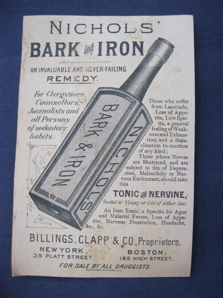 Victorian Trade Card Nichols' Bark & Iron Boy Blows Horn BABY IN WAGON