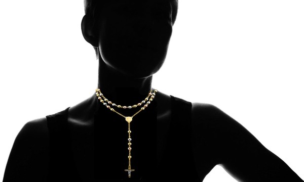 Alternate view of 18k Yellow Rose Gold Plated 24" Diamond Cut Rosary Jesus Cross Charm Necklace