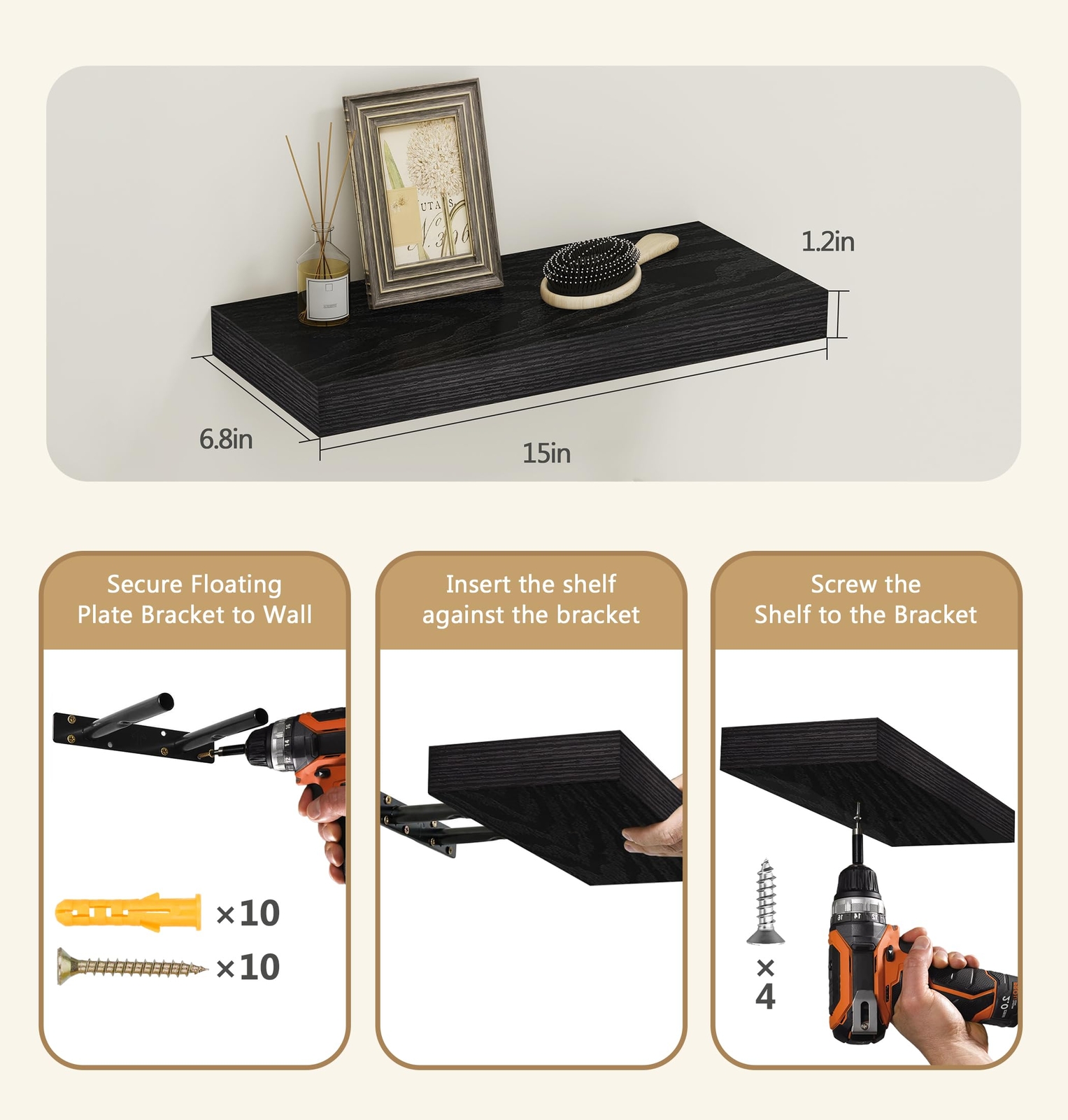 Black Floating Shelves 15 x 6.8 Inches Wall Shelf Modern Bedroom Decor Set of...