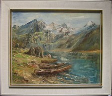 ::KRAUS°ALPS OIL PAINTING BOATS LANDSCAPE ANTIQUE EXPRESSIONIST FINE WORK°OIL