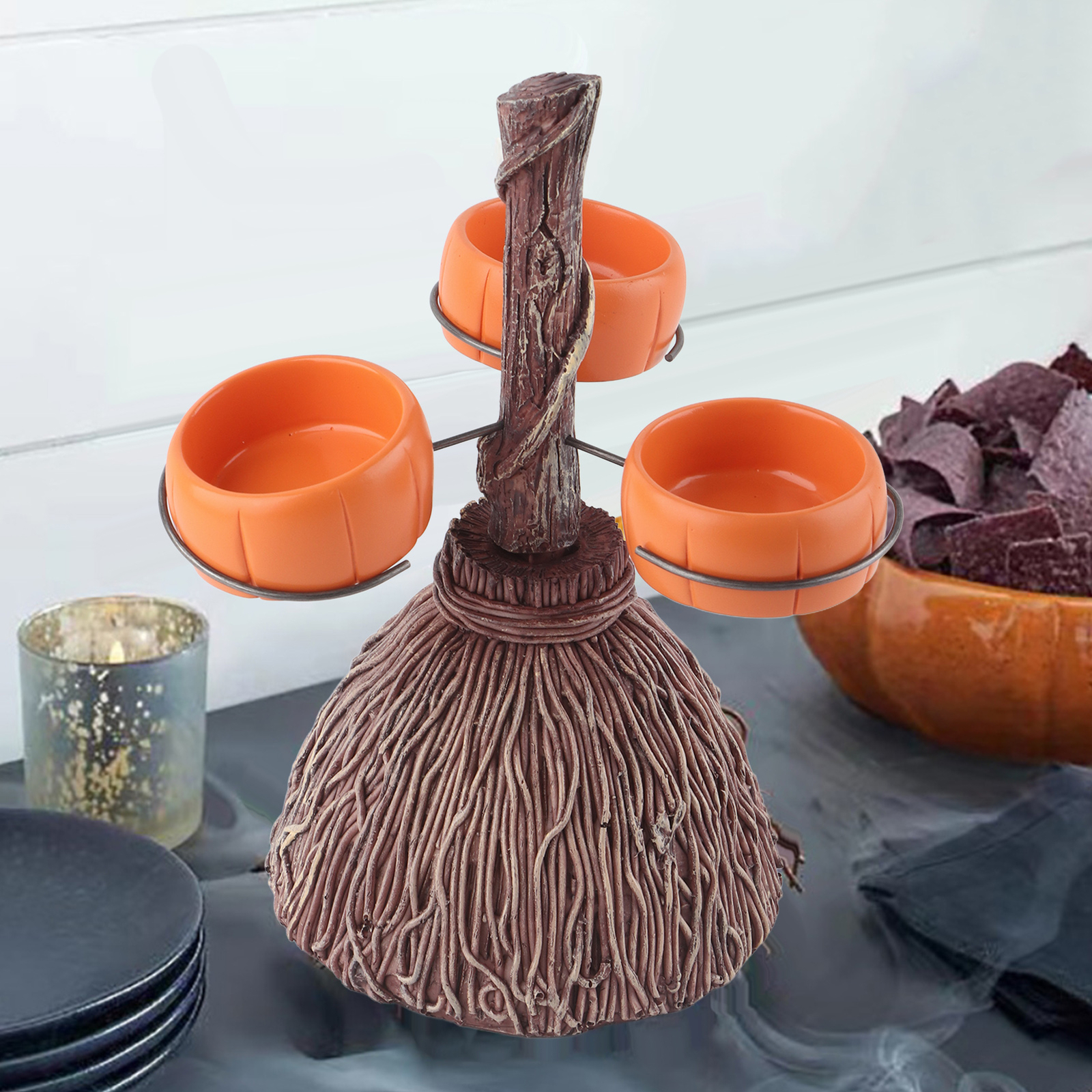AGS Halloween Pumpkin Snack Bowl Stand With Three Ceramic Pumpkin