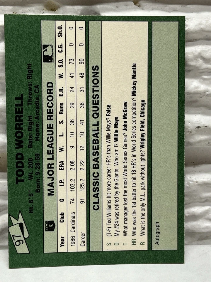 1987 Classic Baseball Board Game #97 Todd Worrell Baseball Card Stl. Cardinals - Image 2 of 2