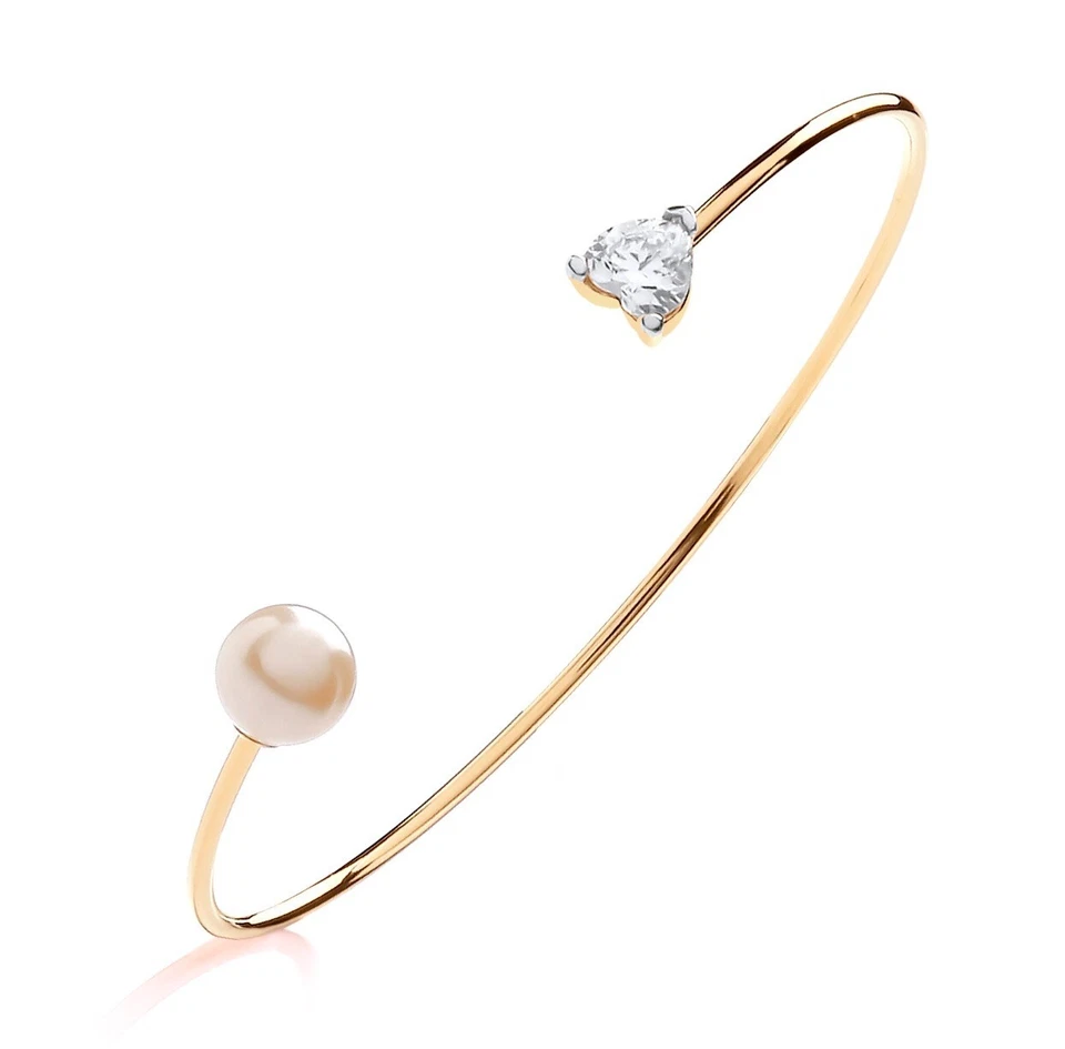 9ct Yellow Gold on Silver Pearl & CZ Heart Ladies SOLID Torque Bangle Bracelet - Image 4 of 4