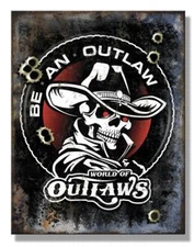 World of Outlaws Be An Outlaw Skelton Bullet Holes Tin Metal Sign Made In USA