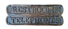 Wood PARK or CAMPGROUND ADVERTISING RESTROOM Telephone SIGN 3D Relief 1970s