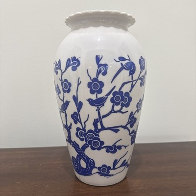Vintage Anchor Hocking Blue Birds Vitrock Milk Glass Vase | 9  Tall | Floral
