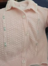 Vintage 1960s Pink Baby Cardigan Sweater Basketweave Cable Floral 6-12