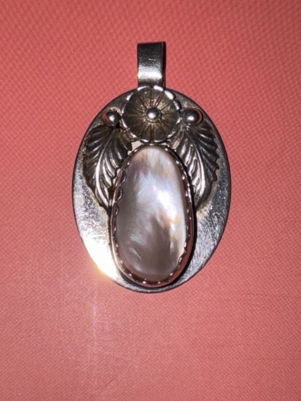 Vintage Navajo Lester Ortiz Sterling Silver & Mother Of Pearl Pendant