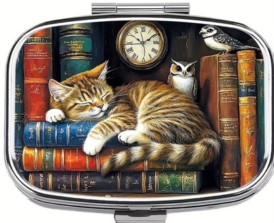 Cat Books Owl Clock Design Metal Pill Box  Rectangle Travel Case 2 Compartment