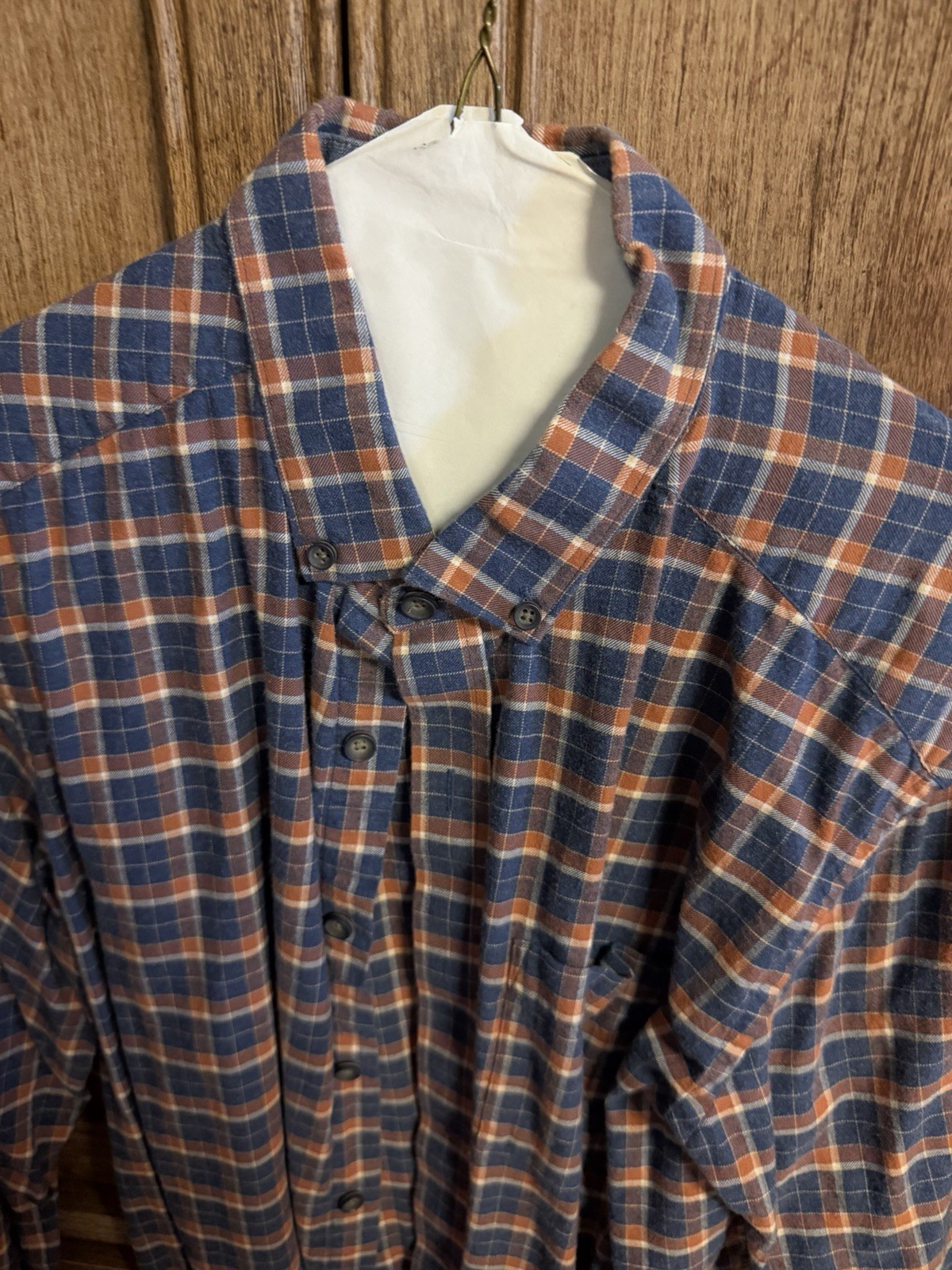Men's Blue Orange White Plaid Flannel Long Sleeve Button-Up Button-Down Shirt