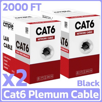 Cat6 Plenum Ethernet Cable 2 Pack 1000FT CMP 23AWG LAN Network Wire Black