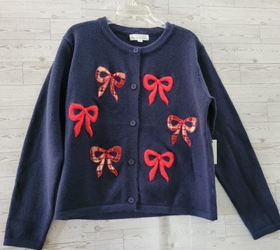 Threaded Leaf Coquette Bow Cardigan Sweater Navy Size XL Heavy Button Preppy New