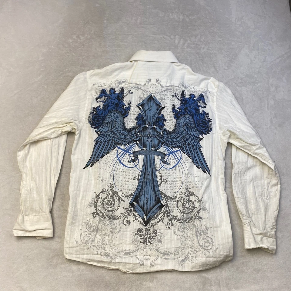Eighty Eight Mens Button Up Shirt Long Sleeve Cross Wings Graphic Print L White - Image 4 of 4