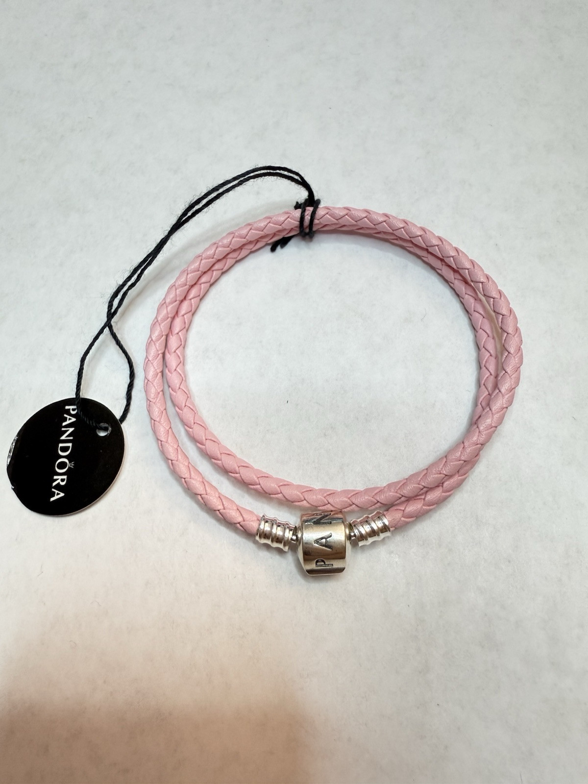 New PANDORA Pink LEATHER 925 Silver Double Wrap Charm BRACELET 18 Cm