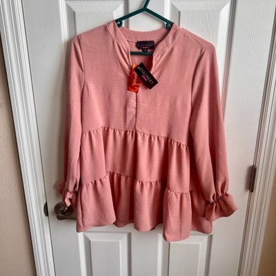 New Discreet Juniors Pink Long Sleeve Ruffle Tiered Blouse Top, Size S