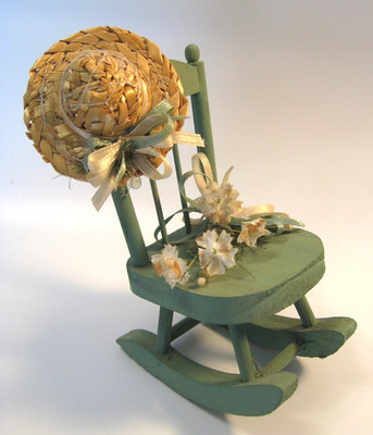 Miniature Wood Rocking Chair Painted Green 4.5'' w Decorative Straw Hat Flowers