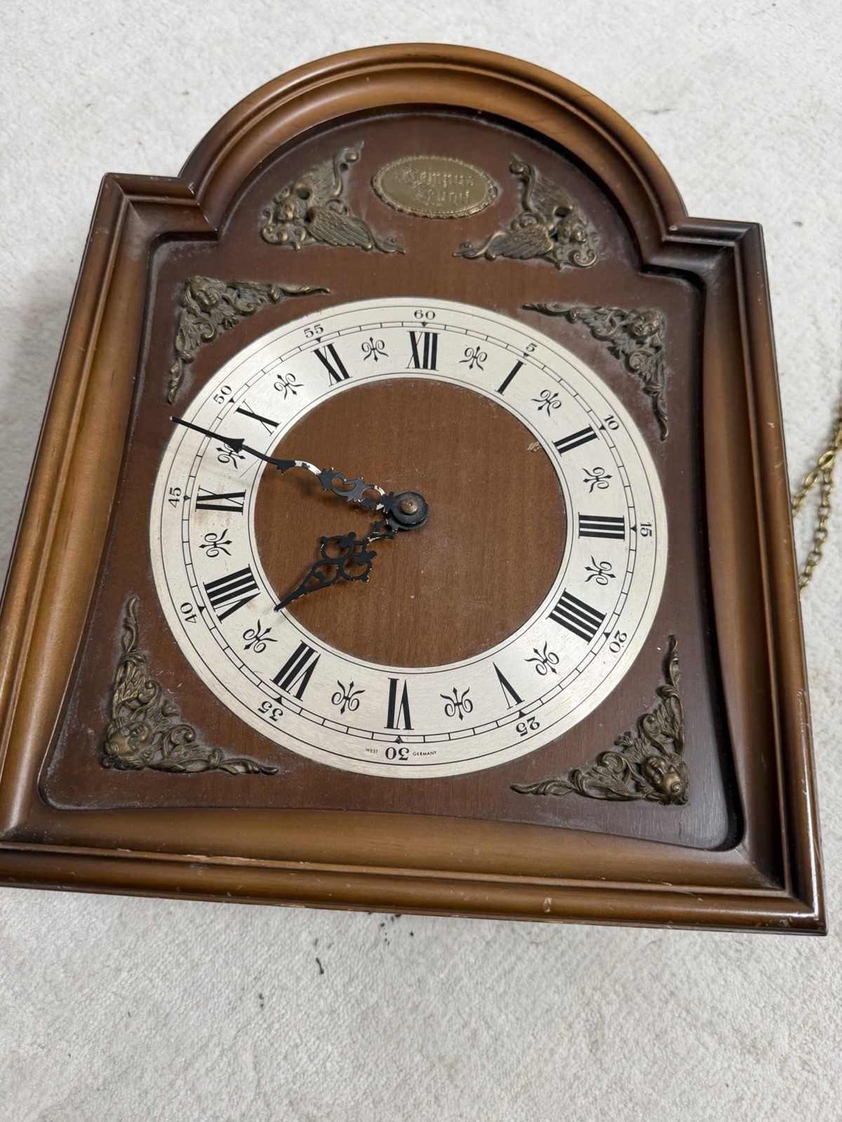 Tempus Fugit Mechanical Wall Clock Wood Case Roman Numerals Angel West Germany photo Tempus Fugit Mechanical Wall Clock Wood Case Roman Numerals Angel West Germany featured image