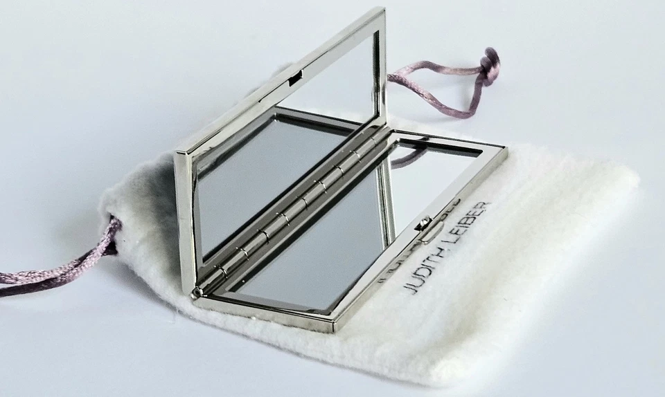 JUDITH LEIBER Slim Compact Pocket Mirror Austria Crystal Green Blue Dots Silver - Image 2 of 4