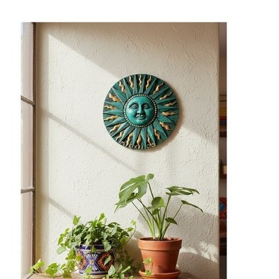 Vintage MCM Aztec Sun Stone Wall Plaque Faux Malachite Zarebski Style 11''