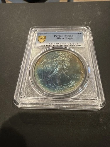 🦅 2014 PCGS MS67 American Silver Eagle,Stunning Toned Example 1 oz .999 Silver