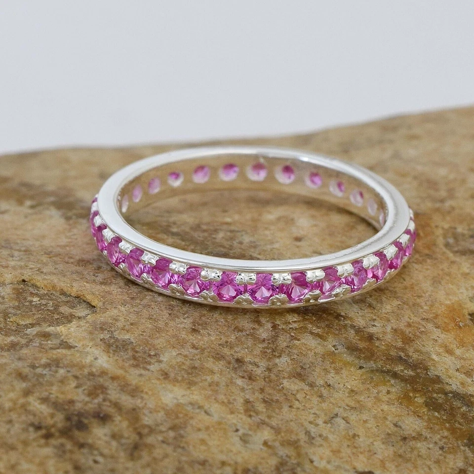 Anillo de banda de oro blanco sólido de 14k natural zafiro rosa piedras... - Imagen 4 de 4