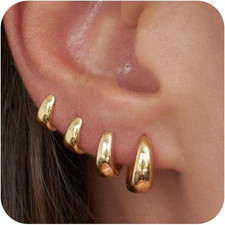 4 Pairs Small Huggie Hoop Earrings for Women - Chunky 14K Gold Plated/Silver Pla