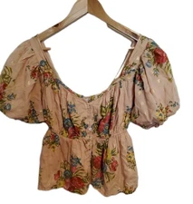 Anthropologie Love The Label Pink Floral Peasant Babydoll Shirt Puff Sleeve M