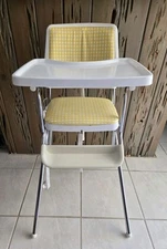 Vintage 1960s/70s MCM Cosco Folding High Chair Vinyl Padded &Tray Yellow Plaid