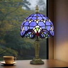 Tiffany Style Table Lamp Vintage Stained Glass Desk Lamp Deep Blue Purple Wis...