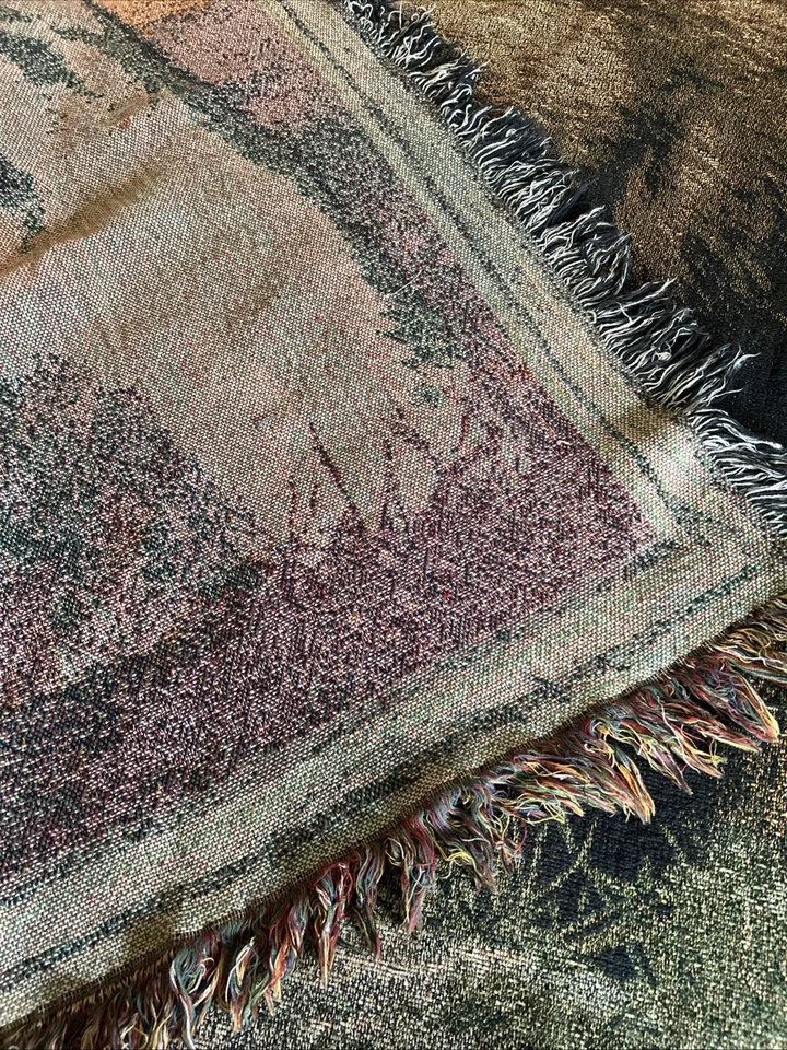 Vtg Fringe Tapestry Throw Of a Bear In Nature For Your Couch Or Bed 66” X 46” - Image 4 of 4