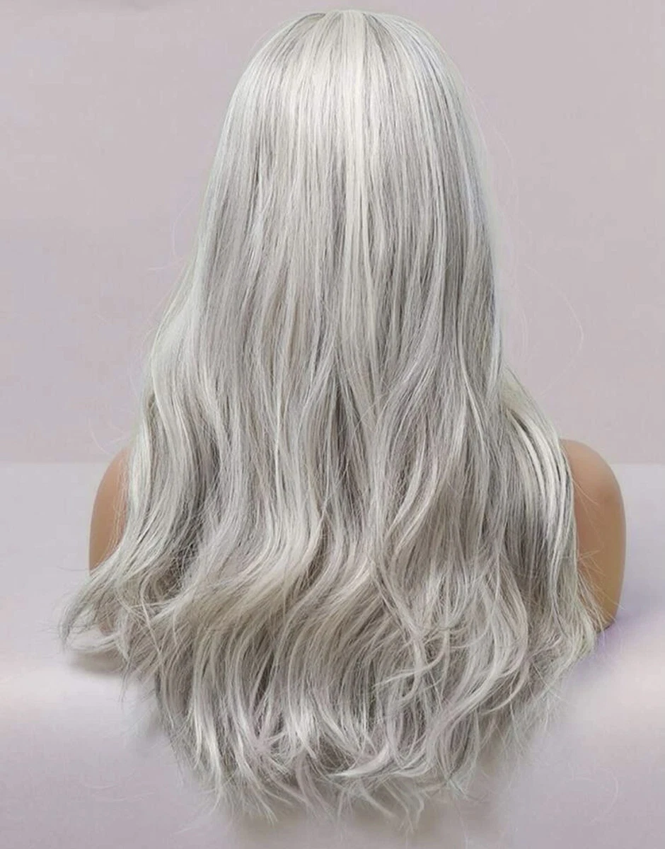 Perruque Synth tique Blanc Gris Cheveux Long Ondul Boucl 4