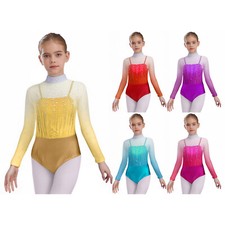 Girls Ballet Dance Jumpsuit Figure Skating Bodysuit Shiny Rhinestone Gymnastics