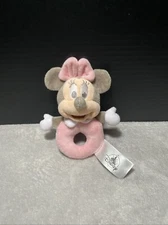 Disney Parks Minnie Mouse Plush Rattle Hand Held Pink & Gray Ring Toy Lovey 7"