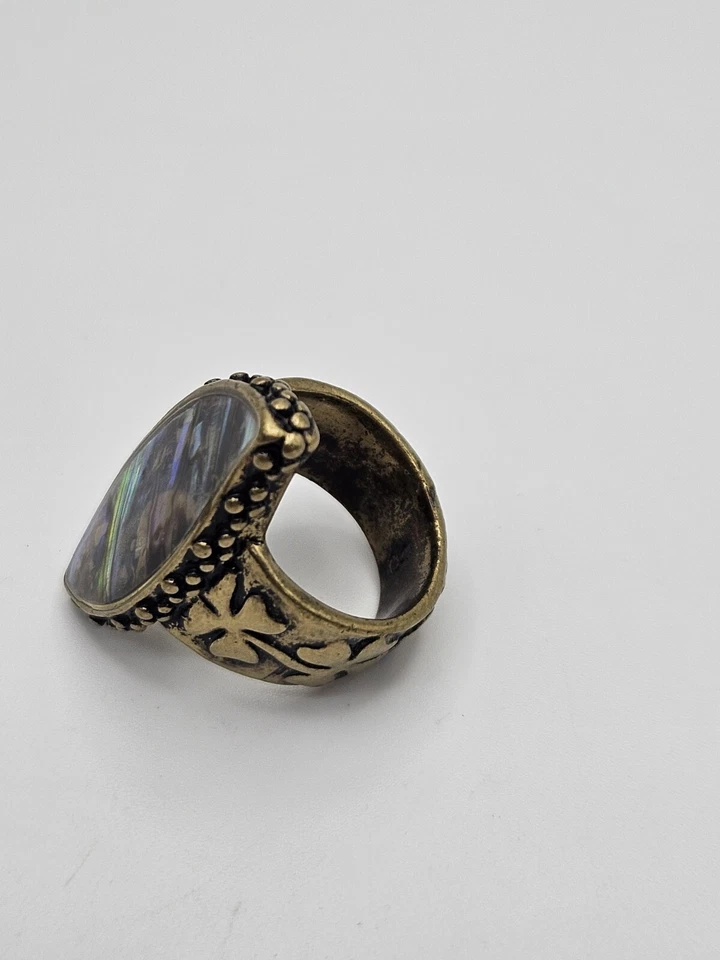 Anillo grueso abulón sintético diseño hoja trébol adornado bronce envejecido talla 7,5 Foto 4 de 4