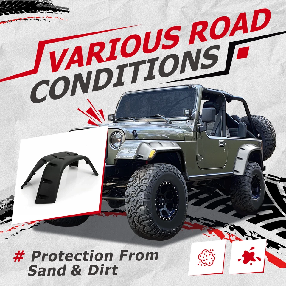 For Jeep Wrangler TJ 97-06 7" Wide Pocket Extended Fender Flares Kit Black 6pcs - Image 2 of 4