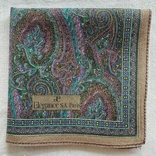 Mens Handkerchief VTG Green Blue Cotton Paisley Damask Pattern Pocket Square 19"