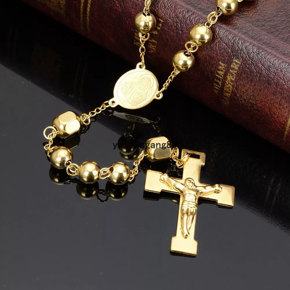 Cool New Men s 18K Gold Tone Stainless Steel Ball Handmade Rosary