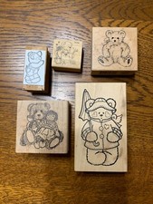 Lot of 5 Teddy Bear Wood Block Rubber Stamps Craft