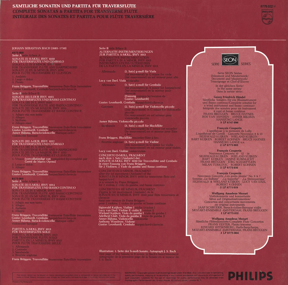 BRUGGEN Recorder BACH Complete Sonatas and Partitas for Flute PHILIPS 6775022 NM - Image 2 of 3
